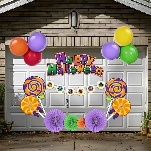 JOYIN Trunk Or Treat Car Decorations Kit for SUV Halloween Decorations Outdoor Decor Lollipops Candy Land Happy Halloween Balloons Car Stickers Door Archway Entryway Haunted House Banner Paper Fans