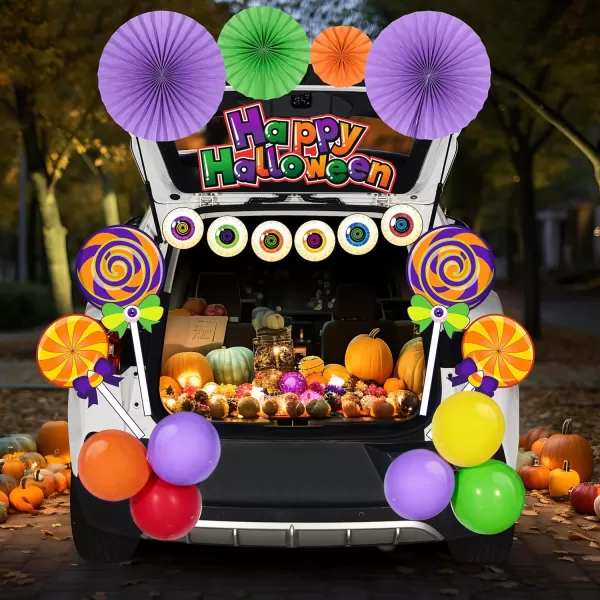 JOYIN Trunk Or Treat Car Decorations Kit for SUV Halloween Decorations Outdoor Decor Lollipops Candy Land Happy Halloween Balloons Car Stickers Door Archway Entryway Haunted House Banner Paper Fans