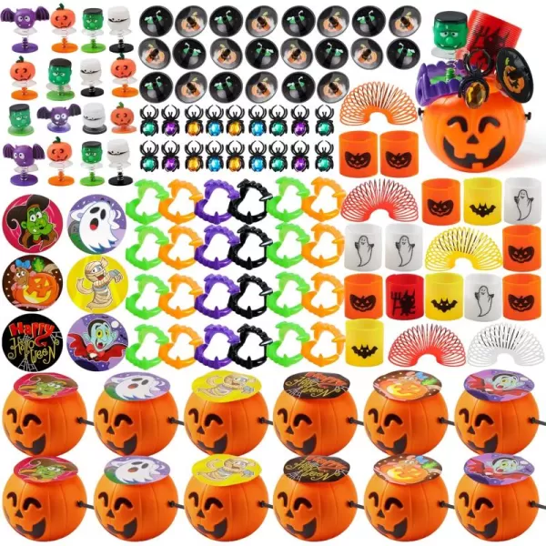 JOYIN 144 Pcs Halloween Toy Gifts for Kids 24 Packs Prefilled Mini Pumpkin Buckets with Spider Rings Poppers Spring Vampire Teeth and Spinning Tops for Kids Halloween Party Favors Trick or Treat