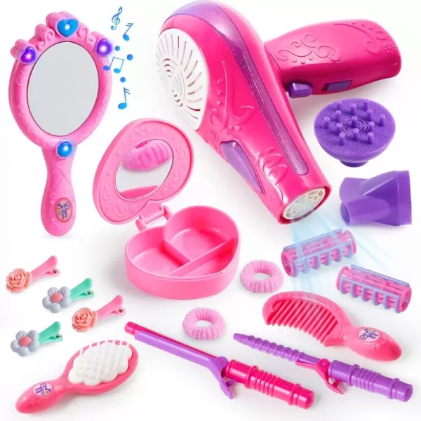 JOYIN 17Pcs Girls Beauty Salon Set Pretend Play Doll Hair Stylist Toy Kit with Hairdryer Mirror Curling Iron and Other Accessories for Kids Toddler Fashion Cutting Makeup Party Favor Birthday Gift