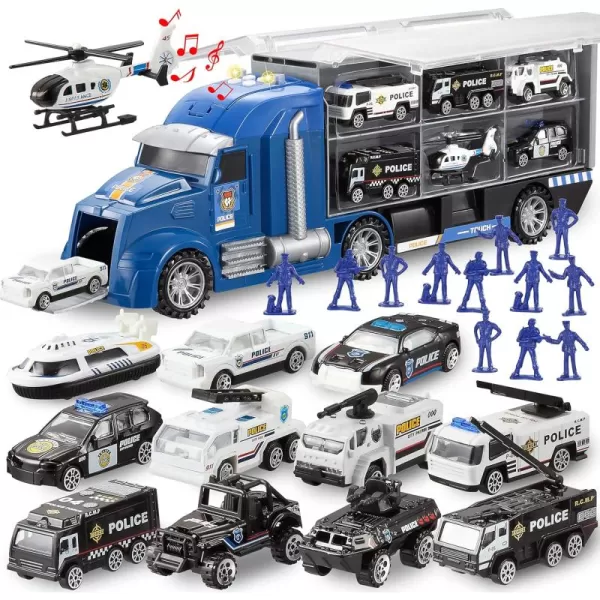 JOYIN 25 in 1 Green Military Big Truck Toys Army Men Tanks Set with Soldier Men Mini Battle Car Toy in Carrier Truck with Lights and Sounds Gifts for Toddler Kids Boys Ages 3Police Truck