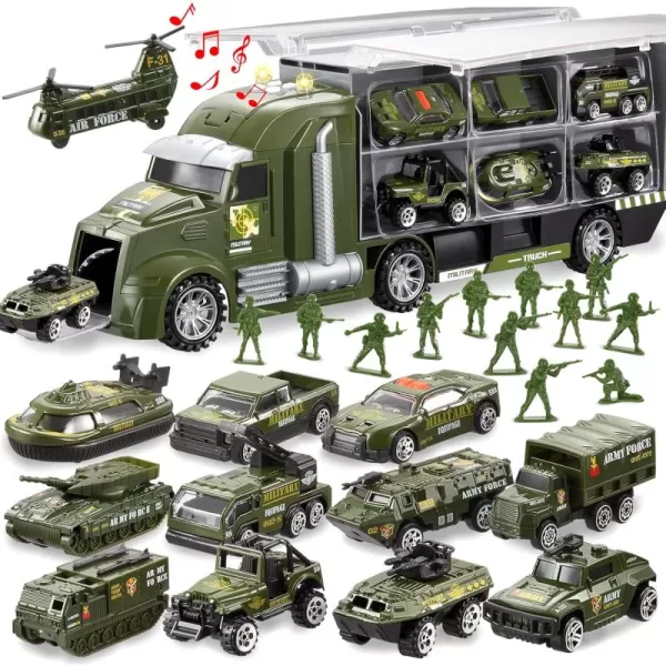 JOYIN 25 in 1 Green Military Big Truck Toys Army Men Tanks Set with Soldier Men Mini Battle Car Toy in Carrier Truck with Lights and Sounds Gifts for Toddler Kids Boys Ages 3Military Truck