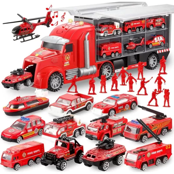 JOYIN 25 in 1 Green Military Big Truck Toys Army Men Tanks Set with Soldier Men Mini Battle Car Toy in Carrier Truck with Lights and Sounds Gifts for Toddler Kids Boys Ages 3Fire Truck