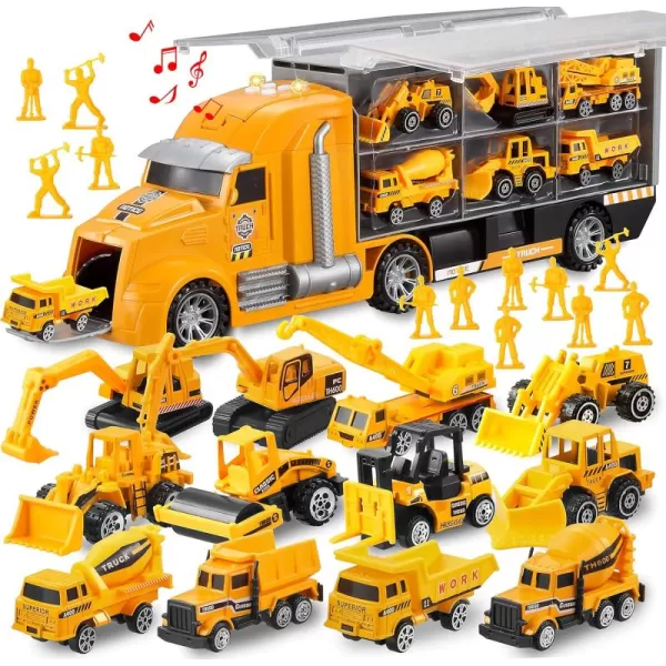 JOYIN 25 in 1 Green Military Big Truck Toys Army Men Tanks Set with Soldier Men Mini Battle Car Toy in Carrier Truck with Lights and Sounds Gifts for Toddler Kids Boys Ages 3Construction Truck