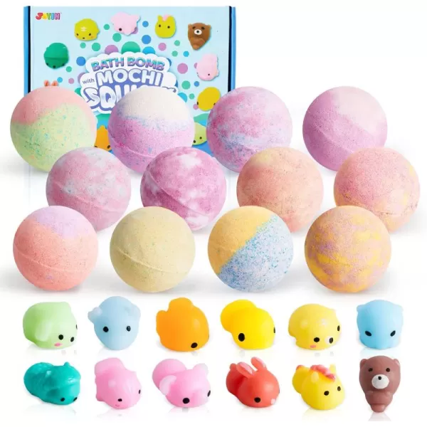 JOYIN Bath Bombs for Kids with Mochi Squishy Toy 12 Pack Bubble Bath Bombs with Surprise Toy Inside Natural Essential Oil SPA Bath Fizzies Set Party Favors for Boys Girls Birthday GiftsMochi Squishy Bath Bombs