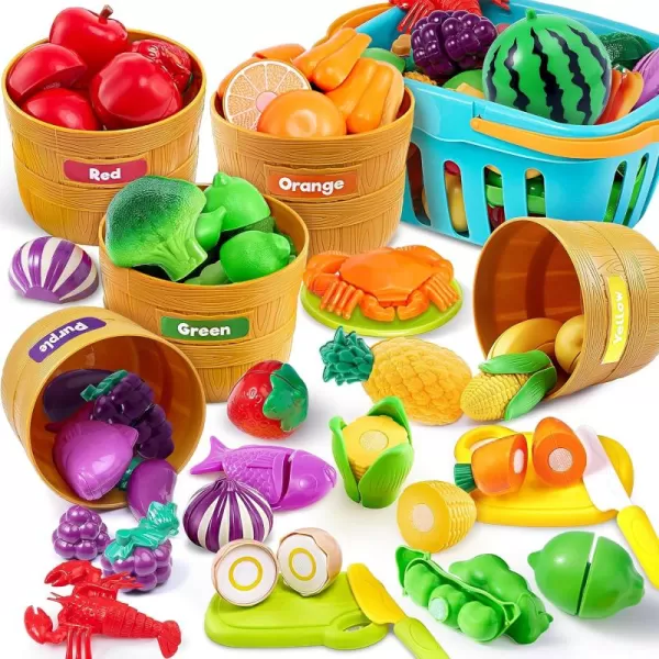 JOYIN Color Sorting Play Food Set  Learning Toys for Boys ampamp Girls Cutting Food Toy Kitchen Accessories for Kids Toddler Sorting Fine Motor Skills Toy DaycarePreschool Educational Toys