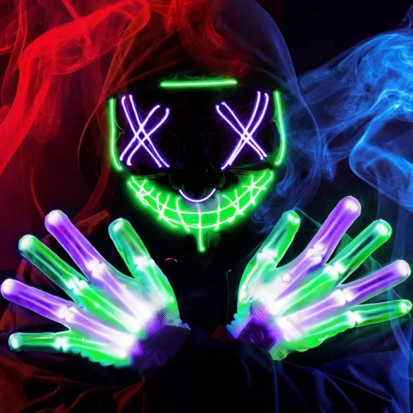 JOYIN Halloween Led Mask Light Up Scary Mask and Gloves for Cosplay Costume purple ampamp Green Glow in The Dark MaskMulti Greenpurple