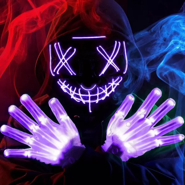 JOYIN Halloween Led Mask Light Up Scary Mask and Gloves for Cosplay Costume purple ampamp Green Glow in The Dark MaskPurple