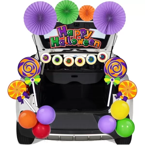 JOYIN Trunk Or Treat Car Decorations Kit for SUV Halloween Decorations Outdoor Decor Lollipops Candy Land Happy Halloween Balloons Car Stickers Door Archway Entryway Haunted House Banner Paper Fans