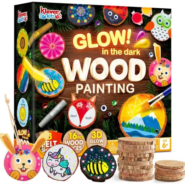 Klever Kits 16 pcs Wooden Painting KitGlow in The Dark Arts and Crafts for Kids Ages 612 Art Supplies with Felt Sheets Wood Slice Crafts for Boys Girls Birthday Party Gift