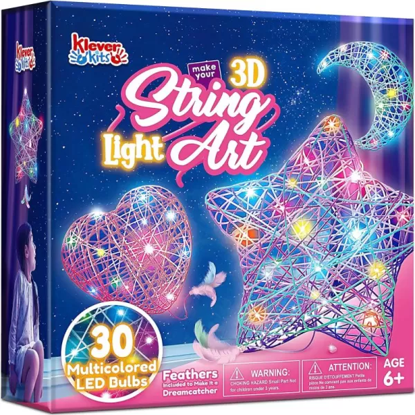 Klever Kits 3D String Art Kit for Kids Light Up String Light Toy with 30 MultiColored LED Bulbs Arts and Crafts Set Birthday Gifts for Girls and Boys Ages 6