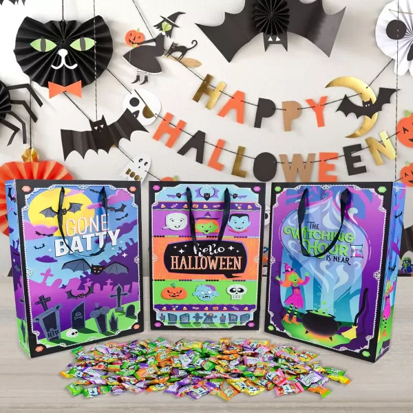 JOYIN 12 Pcs Halloween Tote Bag for TrickorTreating Paper Candy Bags in 4 Designs for for Kids Halloween Party Favor Plastic Snacks Stuffers Bag for Party Supplies