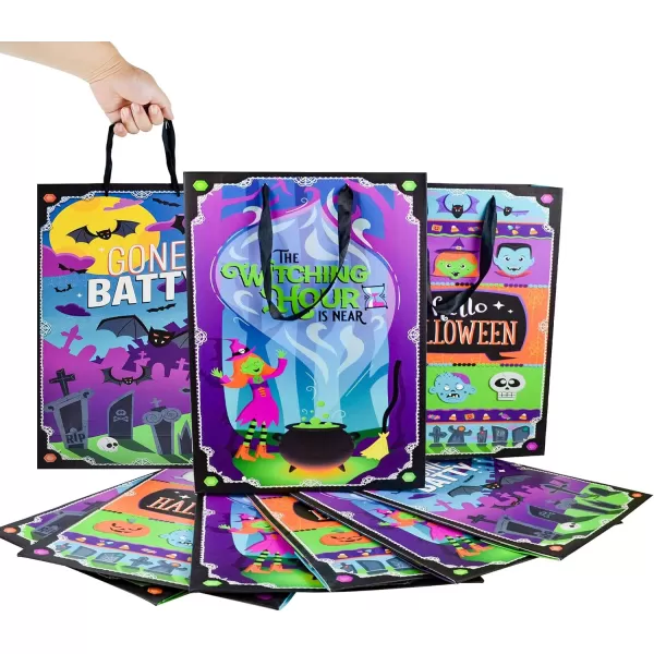 JOYIN 12 Pcs Halloween Tote Bag for TrickorTreating Paper Candy Bags in 4 Designs for for Kids Halloween Party Favor Plastic Snacks Stuffers Bag for Party Supplies