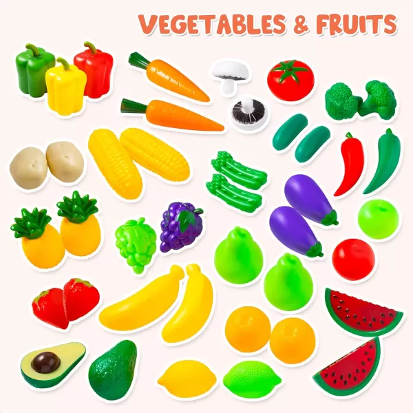 JOYIN 135Pcs Kids Play Food Set Value Pretend Food for Play Kitchen with Fruit Vegetable Food Can Dessert Tableware Bottles Dramatic Plastic Food Toys for Toddler Boys Girls 3 Years