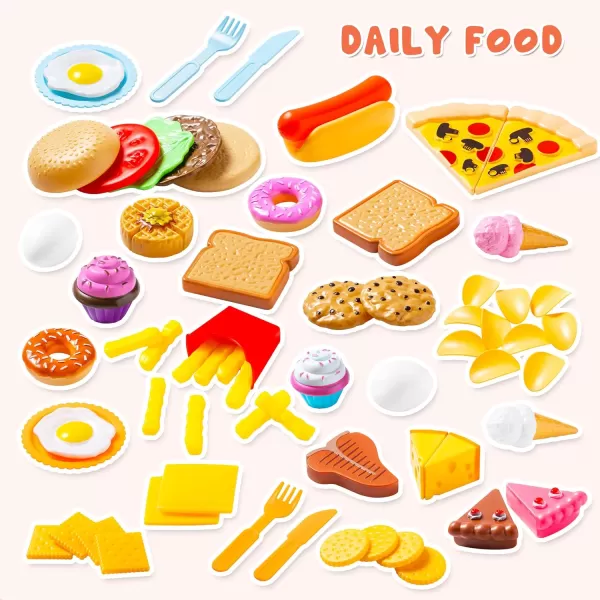 JOYIN 135Pcs Kids Play Food Set Value Pretend Food for Play Kitchen with Fruit Vegetable Food Can Dessert Tableware Bottles Dramatic Plastic Food Toys for Toddler Boys Girls 3 Years
