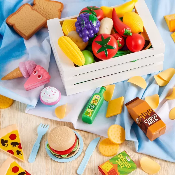 JOYIN 135Pcs Kids Play Food Set Value Pretend Food for Play Kitchen with Fruit Vegetable Food Can Dessert Tableware Bottles Dramatic Plastic Food Toys for Toddler Boys Girls 3 Years