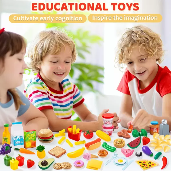 JOYIN 135Pcs Kids Play Food Set Value Pretend Food for Play Kitchen with Fruit Vegetable Food Can Dessert Tableware Bottles Dramatic Plastic Food Toys for Toddler Boys Girls 3 Years