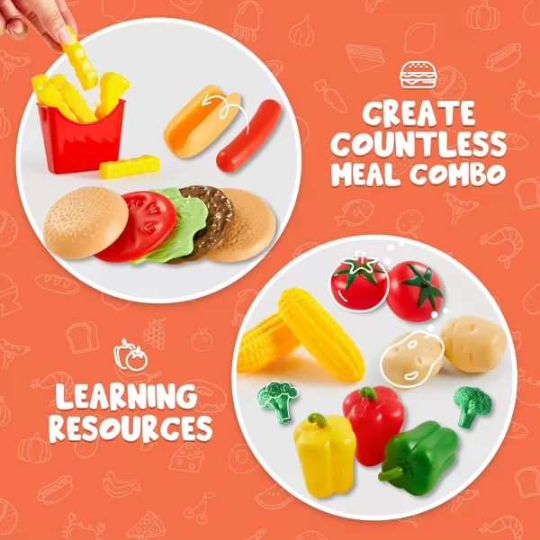 JOYIN 135Pcs Kids Play Food Set Value Pretend Food for Play Kitchen with Fruit Vegetable Food Can Dessert Tableware Bottles Dramatic Plastic Food Toys for Toddler Boys Girls 3 Years