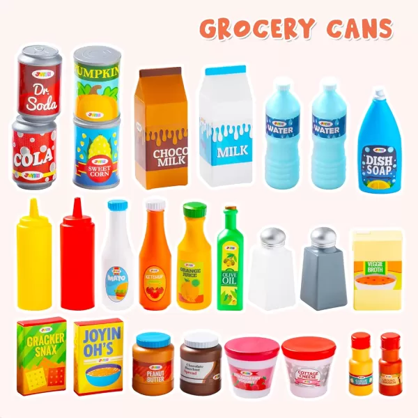 JOYIN 135Pcs Kids Play Food Set Value Pretend Food for Play Kitchen with Fruit Vegetable Food Can Dessert Tableware Bottles Dramatic Plastic Food Toys for Toddler Boys Girls 3 Years