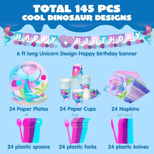 JOYIN 145 Pcs Unicorn Birthday Party Supplies with Unicorn Banner for Girls 24 Serves Unicorn Disposable Tableware Set with Plates  Cups Napkins and Cutlery Sets for Unicorn Themes Party Kids 2 3Mermaid