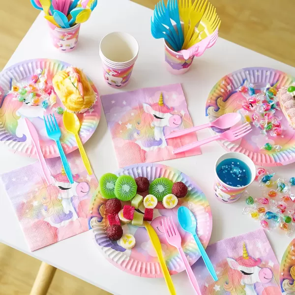 JOYIN 145 Pcs Unicorn Birthday Party Supplies with Unicorn Banner for Girls 24 Serves Unicorn Disposable Tableware Set with Plates  Cups Napkins and Cutlery Sets for Unicorn Themes Party Kids 2 3Unicorn