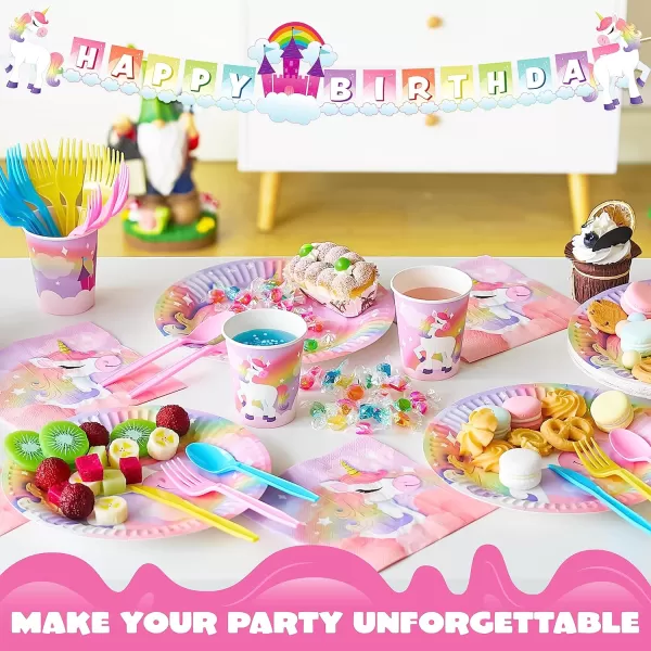 JOYIN 145 Pcs Unicorn Birthday Party Supplies with Unicorn Banner for Girls 24 Serves Unicorn Disposable Tableware Set with Plates  Cups Napkins and Cutlery Sets for Unicorn Themes Party Kids 2 3Unicorn