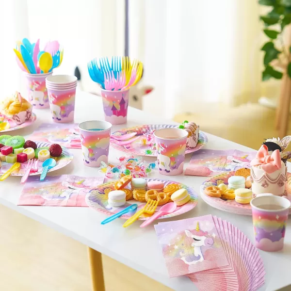 JOYIN 145 Pcs Unicorn Birthday Party Supplies with Unicorn Banner for Girls 24 Serves Unicorn Disposable Tableware Set with Plates  Cups Napkins and Cutlery Sets for Unicorn Themes Party Kids 2 3Unicorn