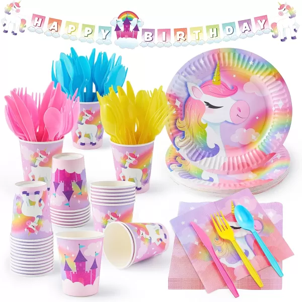 JOYIN 145 Pcs Unicorn Birthday Party Supplies with Unicorn Banner for Girls 24 Serves Unicorn Disposable Tableware Set with Plates  Cups Napkins and Cutlery Sets for Unicorn Themes Party Kids 2 3Unicorn