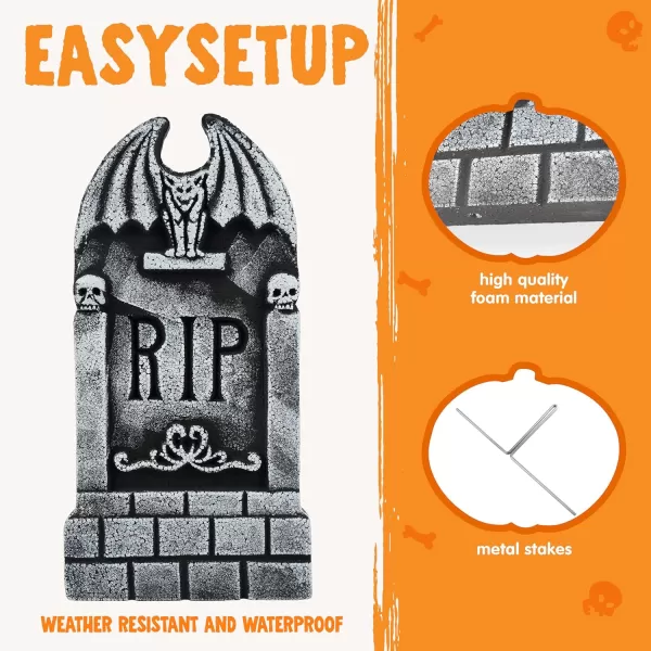 JOYIN 17 Halloween Foam RIP Graveyard Tombstones 5 Pack Yard Sign Headstone Decorations and 10 Bonus Metal Stakes for Halloween Yard Outdoor Indoor DecorationsGray
