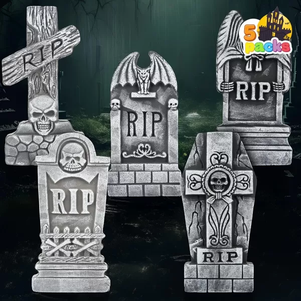 JOYIN 17 Halloween Foam RIP Graveyard Tombstones 5 Pack Yard Sign Headstone Decorations and 10 Bonus Metal Stakes for Halloween Yard Outdoor Indoor DecorationsGray