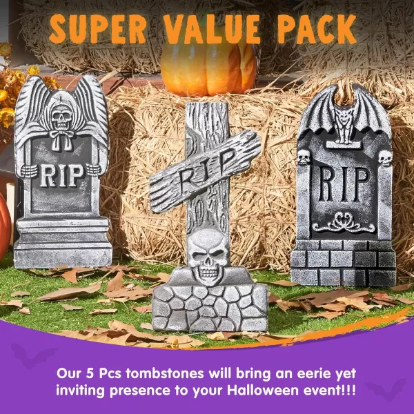 JOYIN 17 Halloween Foam RIP Graveyard Tombstones 5 Pack Yard Sign Headstone Decorations and 10 Bonus Metal Stakes for Halloween Yard Outdoor Indoor DecorationsGray