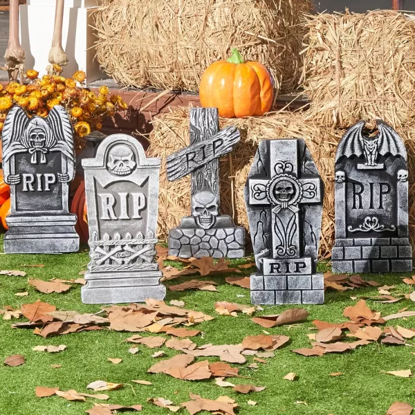 JOYIN 17 Halloween Foam RIP Graveyard Tombstones 5 Pack Yard Sign Headstone Decorations and 10 Bonus Metal Stakes for Halloween Yard Outdoor Indoor DecorationsGray