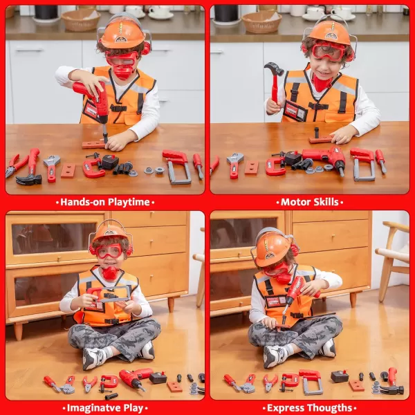 JOYIN 26Pcs Kid Tool Set Pretend Play Toddler Tool Toy with Construction Worker Costume ampamp Electronic Toy Drill in Storage Box for Boy Girl Halloween Present Birthday Dress Up Party