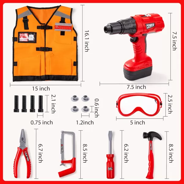 JOYIN 26Pcs Kid Tool Set Pretend Play Toddler Tool Toy with Construction Worker Costume ampamp Electronic Toy Drill in Storage Box for Boy Girl Halloween Present Birthday Dress Up Party