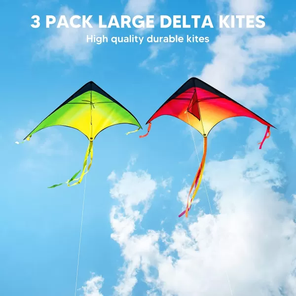 JOYIN 3 Packs Large Delta Kite Orange Green and Purple Easy to Fly Huge Kites for Kids and Adults with 2625 ft Kite String Large Delta Beach Kite for Outdoor Games and Activities