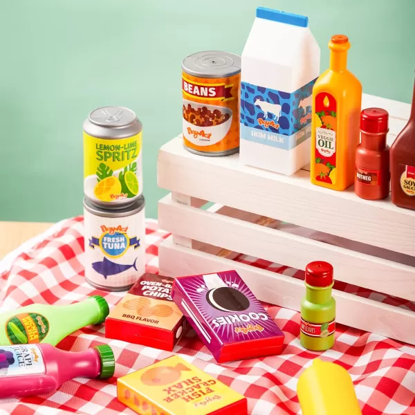 JOYIN 30Pcs Play Food Grocery Cans Play Kitchen Accessories Includes Drink Juice Jar Seasoning Water Bottle Sauce Yogurt Ice Cream Snack Box Kids Gifts ampamp Indoor Toys
