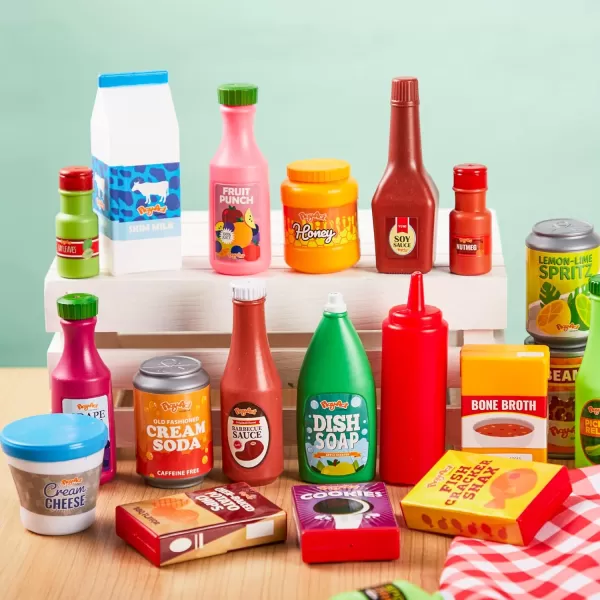 JOYIN 30Pcs Play Food Grocery Cans Play Kitchen Accessories Includes Drink Juice Jar Seasoning Water Bottle Sauce Yogurt Ice Cream Snack Box Kids Gifts ampamp Indoor Toys