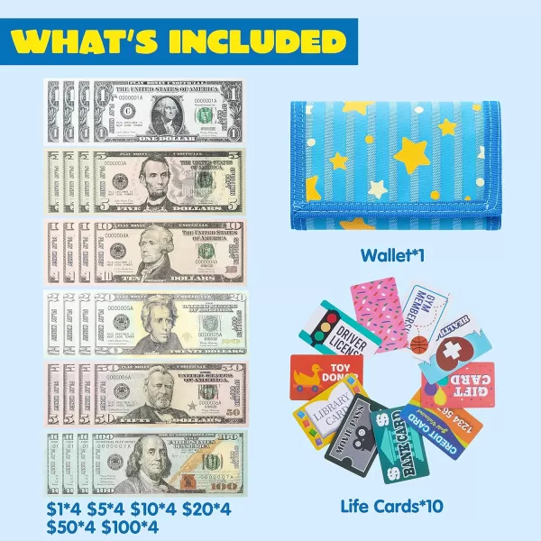 JOYIN 35pcs Kids Pretend Money Play Credit Cards Set Toddler Wallet SingleSided Printed CurrencyCopy for Cash Register Play Math Learning Toy Dress Up Party Favors Birthday Gift