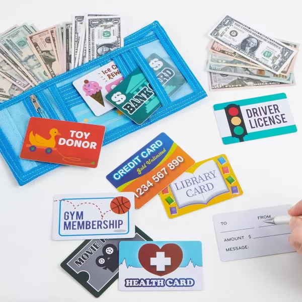JOYIN 35pcs Kids Pretend Money Play Credit Cards Set Toddler Wallet SingleSided Printed CurrencyCopy for Cash Register Play Math Learning Toy Dress Up Party Favors Birthday Gift