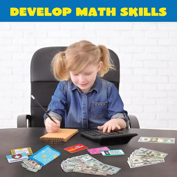 JOYIN 35pcs Kids Pretend Money Play Credit Cards Set Toddler Wallet SingleSided Printed CurrencyCopy for Cash Register Play Math Learning Toy Dress Up Party Favors Birthday Gift