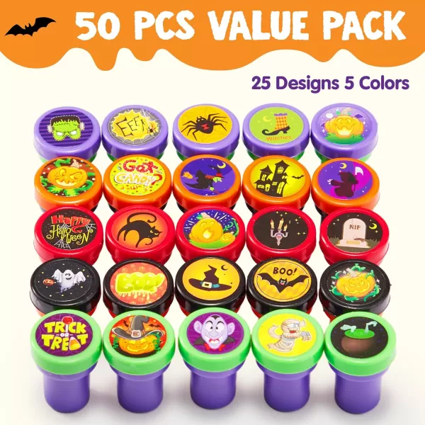 JOYIN 50 Pieces Halloween Assorted Stamps Kids Self Ink Stamps 25 Designs Plastic Stamps Trick Or Treat Stamps Spooky Stamps for Halloween Party Gifts Game Prizes Halloween Goodies Bags