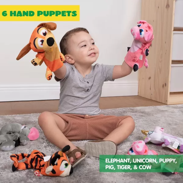 JOYIN 6Pcs Kids Hand Puppet Set with Working Mouth Toddler Animal Plush Toy Includes Elephant Giraffe Lion Bear Raccoon and Monkey for Show Theater Birthday GiftsFarm Friends