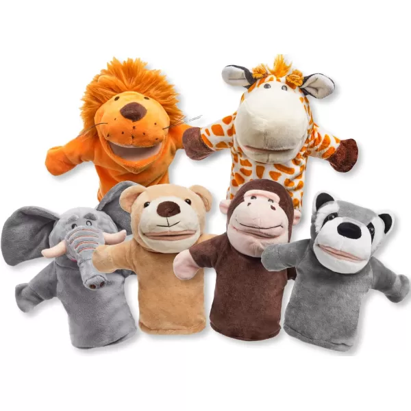 JOYIN 6Pcs Kids Hand Puppet Set with Working Mouth Toddler Animal Plush Toy Includes Elephant Giraffe Lion Bear Raccoon and Monkey for Show Theater Birthday GiftsAnimal Friends