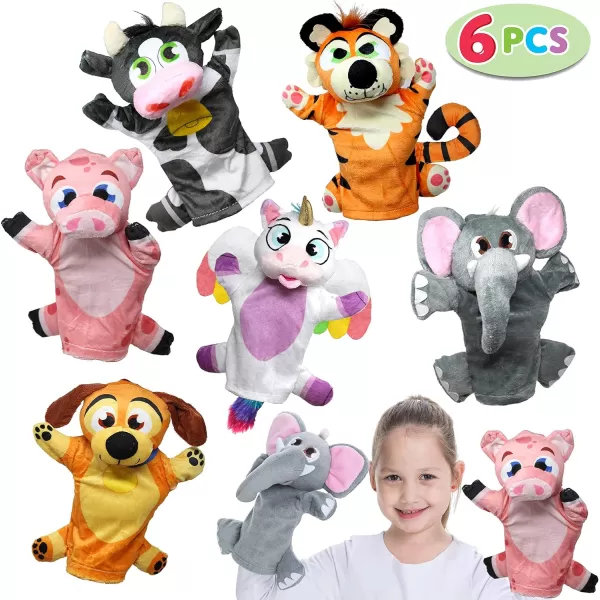 JOYIN 6Pcs Kids Hand Puppet Set with Working Mouth Toddler Animal Plush Toy Includes Elephant Giraffe Lion Bear Raccoon and Monkey for Show Theater Birthday GiftsFarm Friends