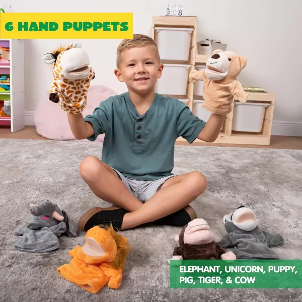 JOYIN 6Pcs Kids Hand Puppet Set with Working Mouth Toddler Animal Plush Toy Includes Elephant Giraffe Lion Bear Raccoon and Monkey for Show Theater Birthday GiftsAnimal Friends
