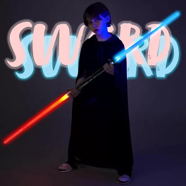 JOYIN Extendable 2in1 LED Sword Gold Handle 2 Pcs Light Up Swords with Motion Sensitive Sound Halloween Costume New Years Eve Party Supplies Gifts Galaxy War Fighters and WarriorsBlack Handle