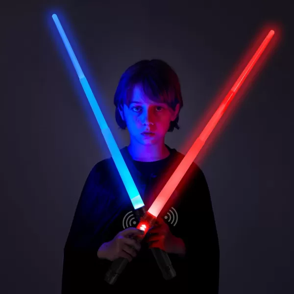 JOYIN Extendable 2in1 LED Sword Gold Handle 2 Pcs Light Up Swords with Motion Sensitive Sound Halloween Costume New Years Eve Party Supplies Gifts Galaxy War Fighters and WarriorsBlack Handle