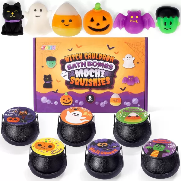 JOYIN Halloween Witch Cauldron Themed Bath Bomb with Mochi Squishy Toy 6 Packs Bubble Kids Bath Bombs with Surprise Toy InsideHalloween Party Favors Supplies