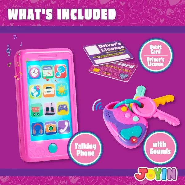 JOYIN Pretend Play Smart Phone Keyfob Key Toy and Credit Cards Set Kids Toddler Cellphone Toys Toddler Birthday Gifts Toys for 1 2 3 4 5 Year Old Kids Presents ToysMulticolor Pink