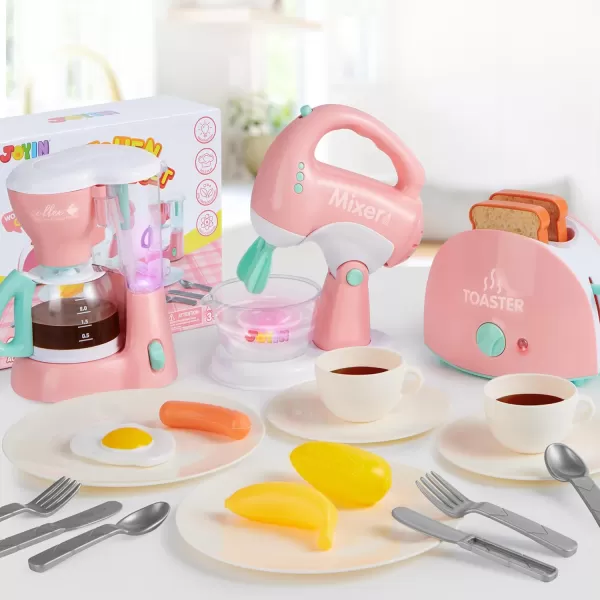 Joyin Play Kitchen Toys Pretend Play Kitchen Appliances Toy Set with Coffee Maker Mixer Toaster with Realistic Lightsampamp Sounds Birthday Gift for Kids Ages 3 PinkPink